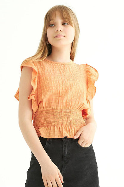 Girl's Orange Colored Bat Sleeve Elastic Blouse