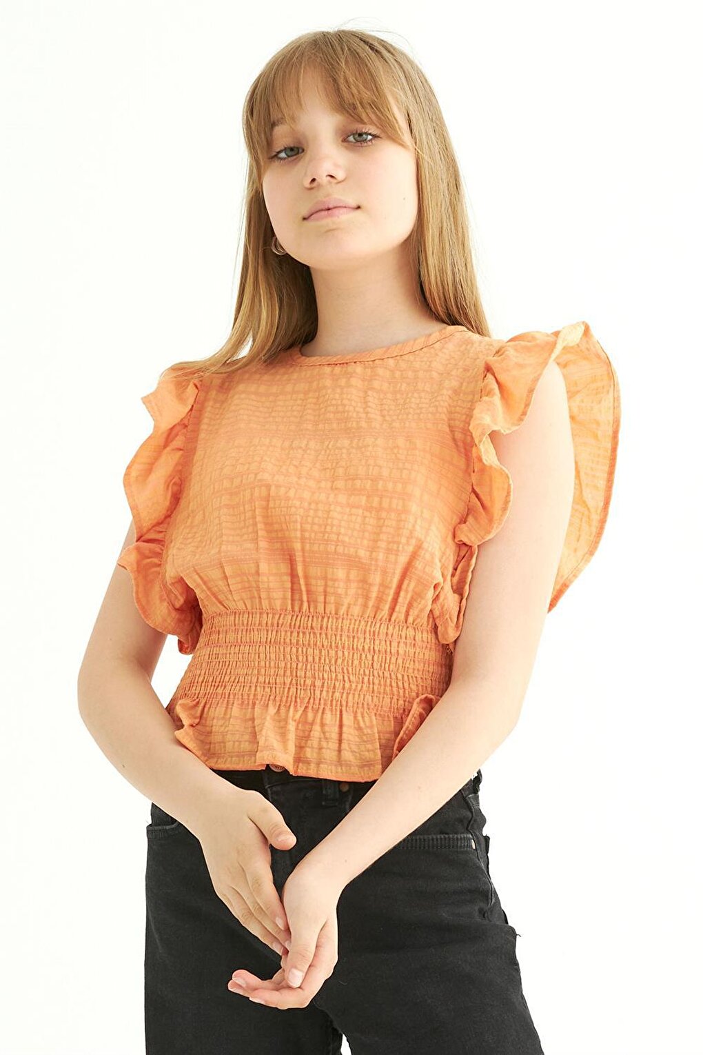 Girl's Orange Colored Bat Sleeve Elastic Blouse