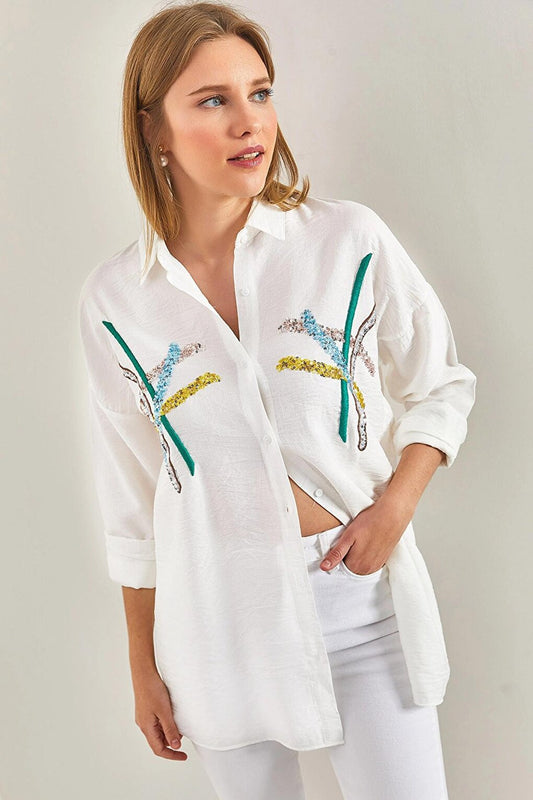 Women's Sequin Pallet Embroidered Linen Ayrobin Shirt