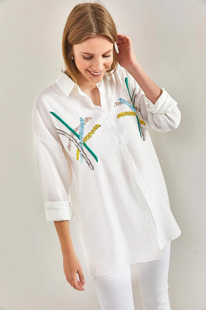 Women's Sequin Pallet Embroidered Linen Ayrobin Shirt