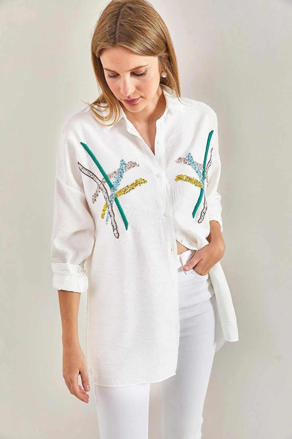 Women's Sequin Pallet Embroidered Linen Ayrobin Shirt