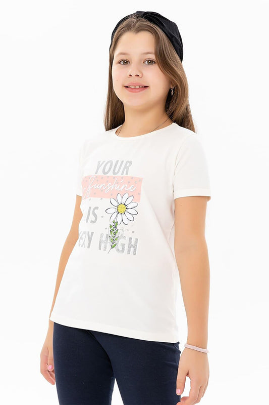 Girl's T-Shirt Floral Printed Ecru (Age 9-12)