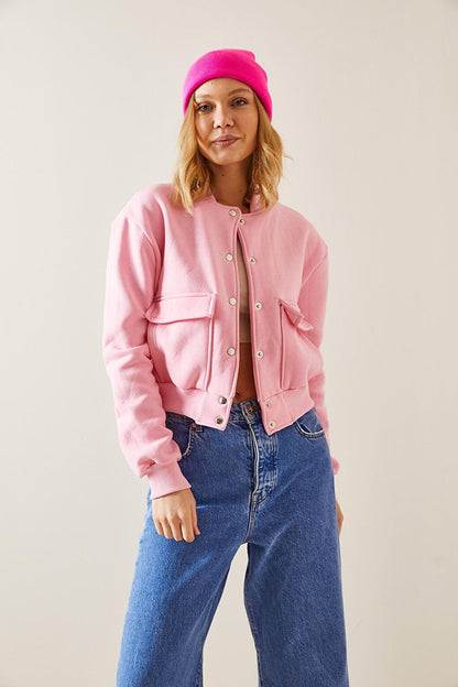 Pink Snap Buttoned Crop Bomber Jacket 3YXK4-47551-20