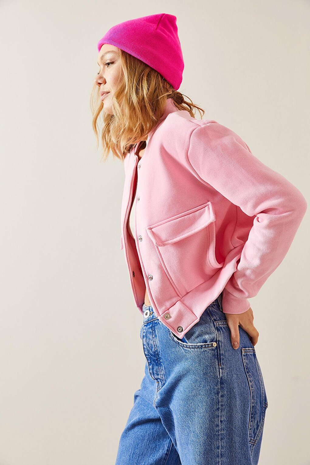 Pink Snap Buttoned Crop Bomber Jacket 3YXK4-47551-20