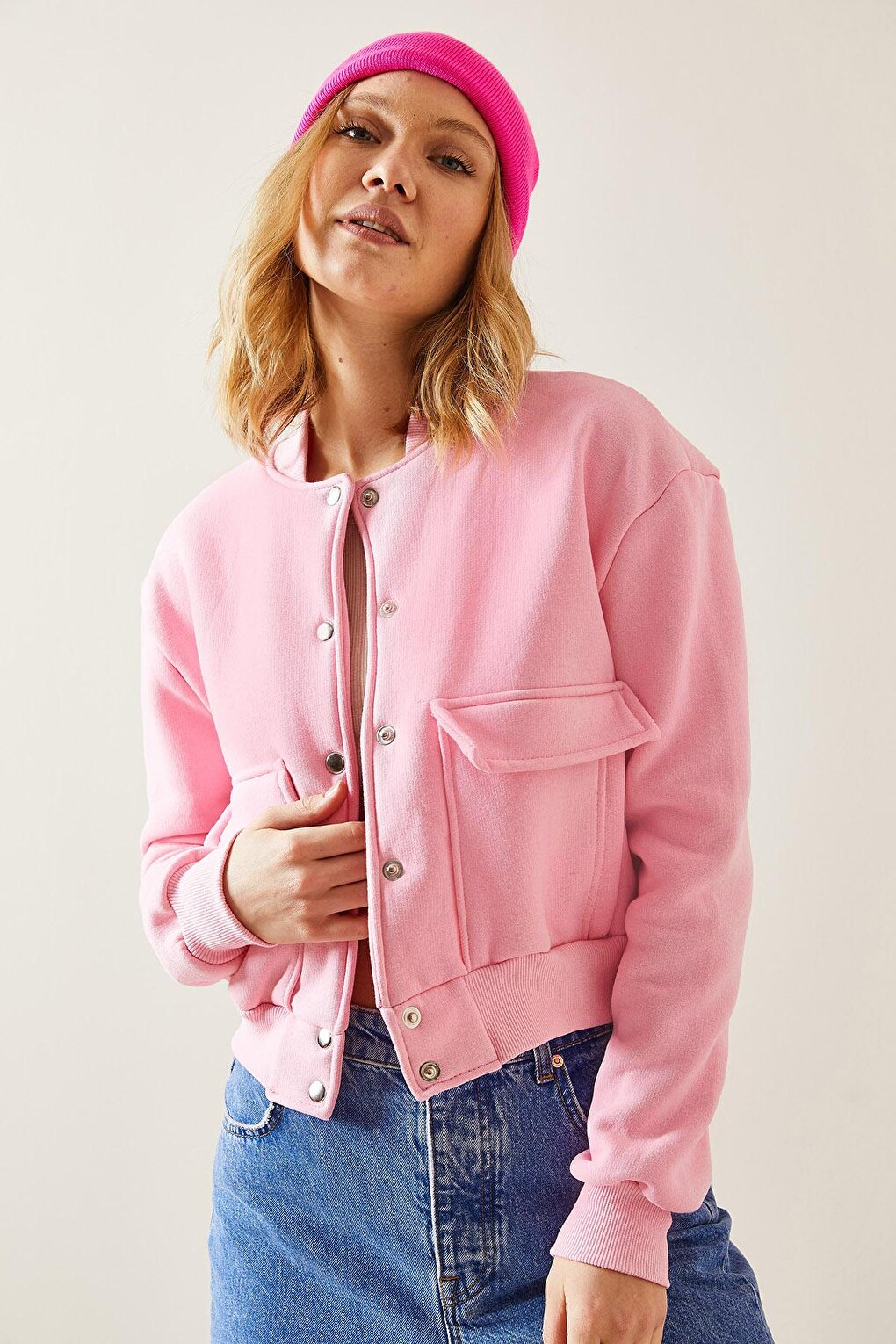 Pink Snap Buttoned Crop Bomber Jacket 3YXK4-47551-20