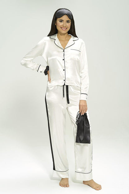 5-Piece Satin Black Piped Striped Ecru Pajama Set