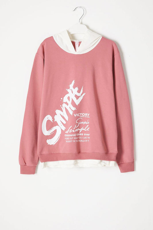 Dark Pink Simple Text Print Hooded Girls Sweatshirt 16598