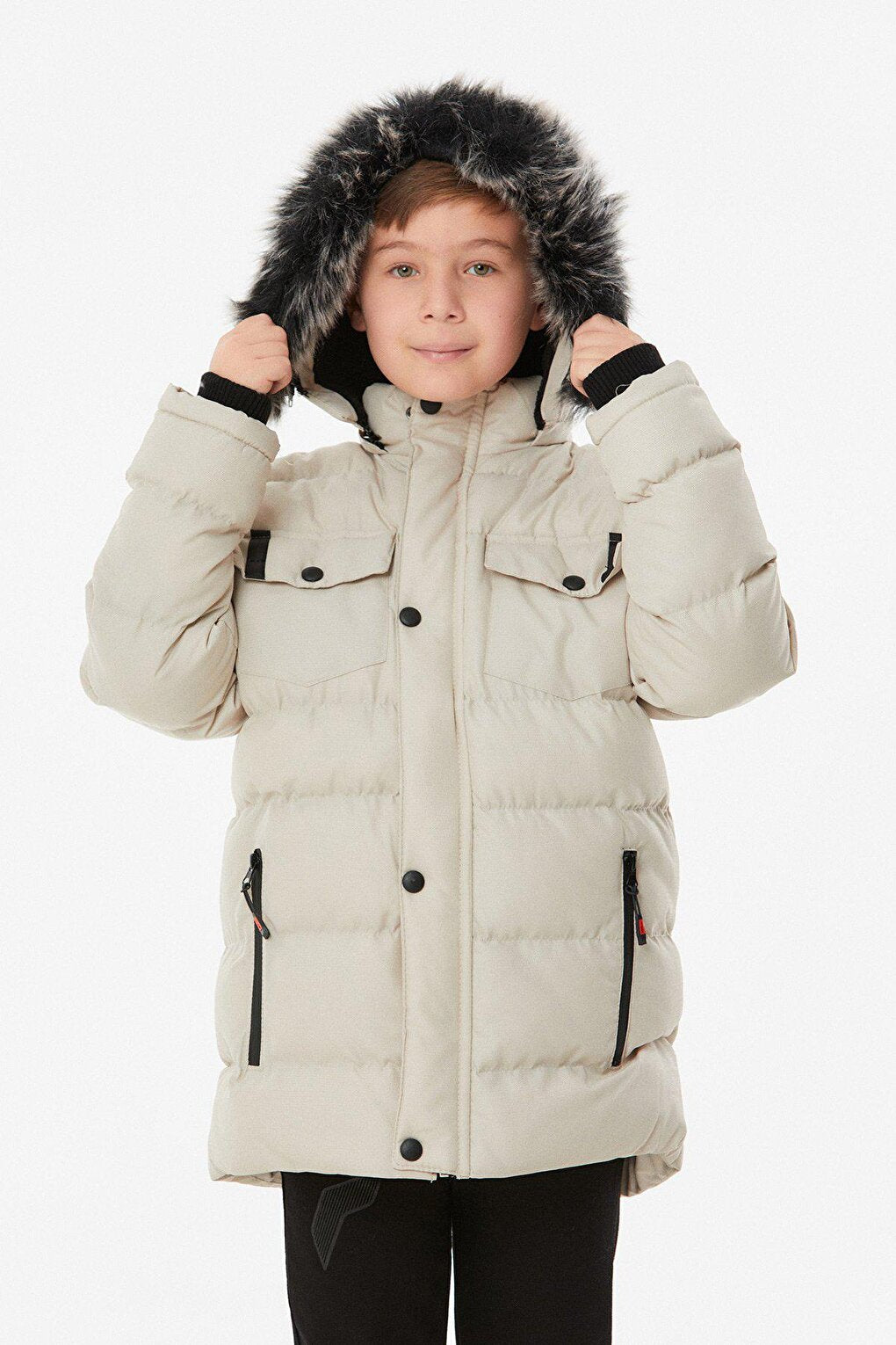 Hooded Boy's Coat with Zipper Pocket