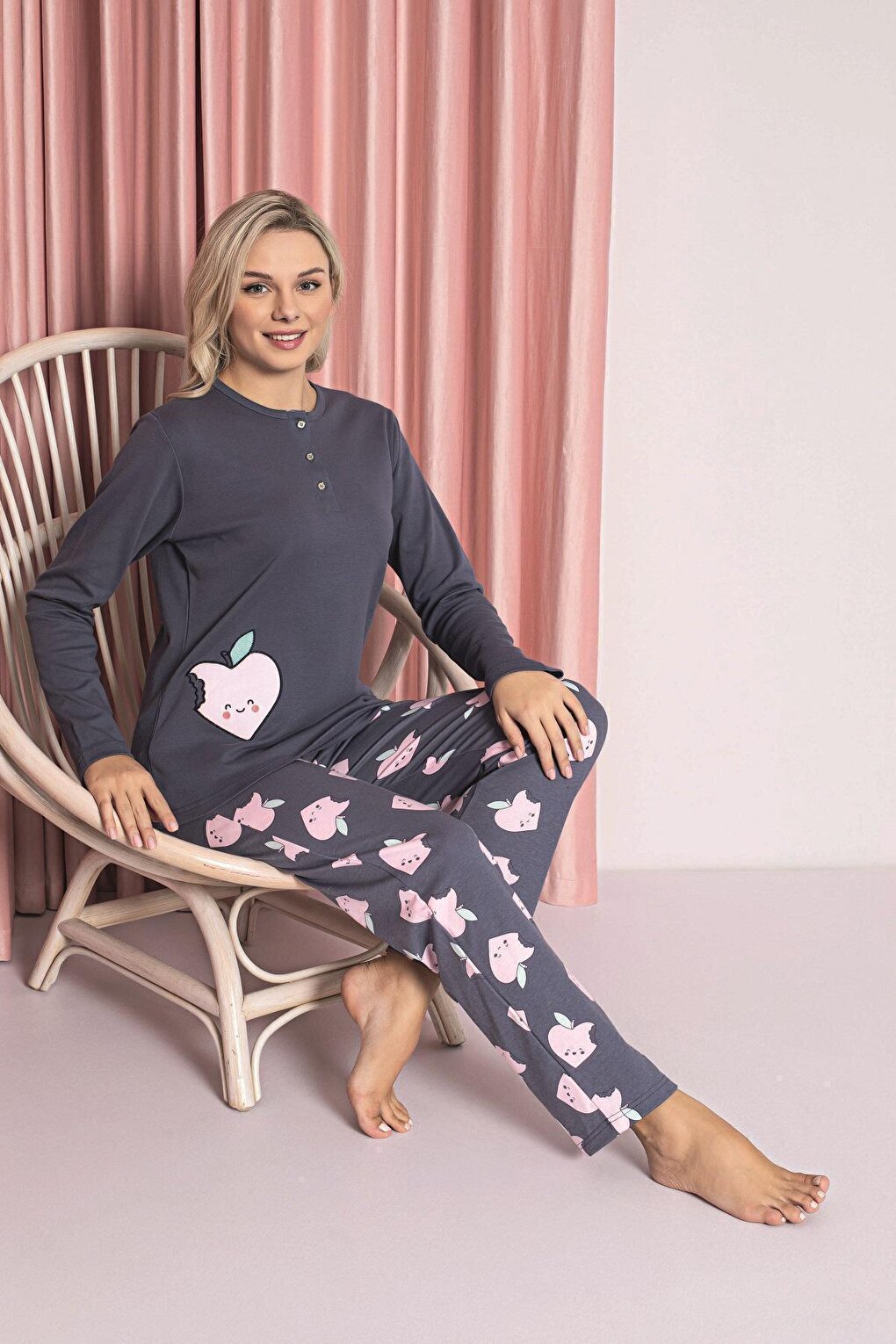 Women's Pajama Set Young Interlock Apple Patterned Cotton Seasonal W20472254