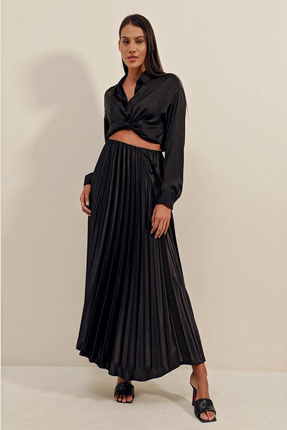 1896 Leather Look Pleated Skirt - Black