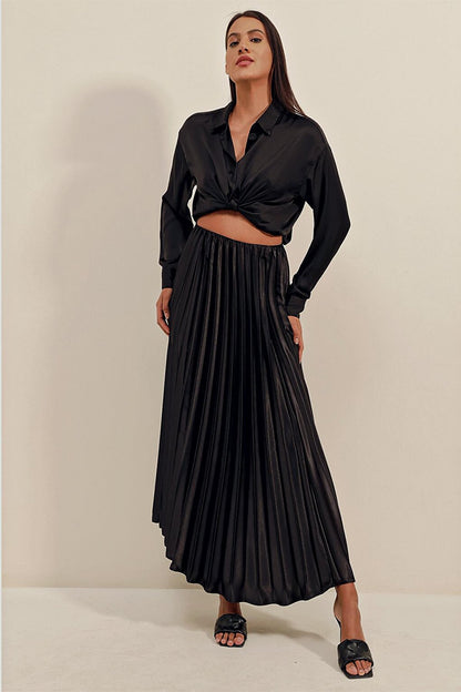 1896 Leather Look Pleated Skirt - Black