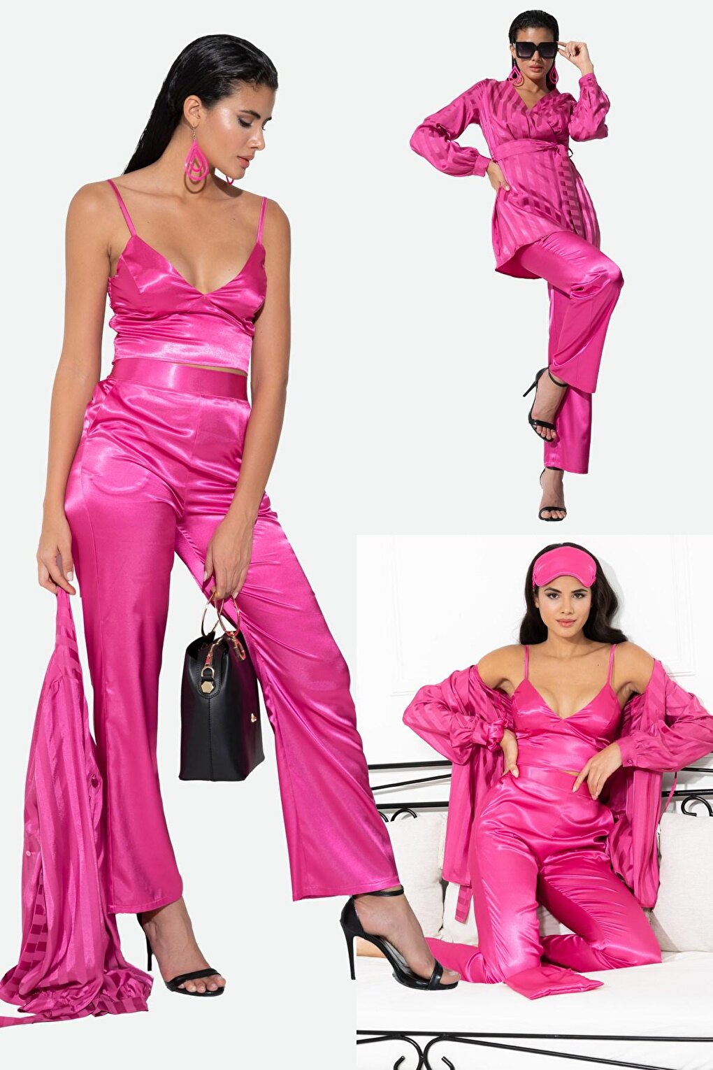 4-Piece Satin Pink Self-Patterned Pajama Set