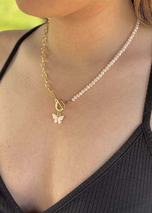 Chain Crystal Cream Color Butterfly Figured Necklace