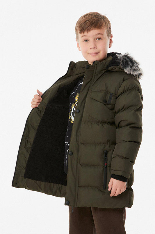 Hooded Boy's Coat with Zipper Pocket