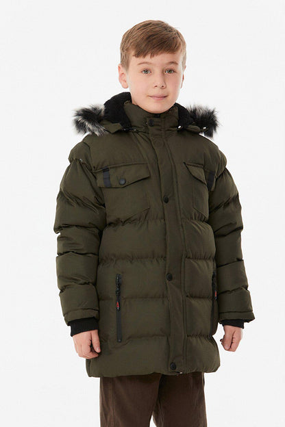 Hooded Boy's Coat with Zipper Pocket