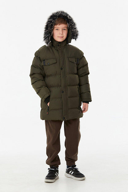 Hooded Boy's Coat with Zipper Pocket