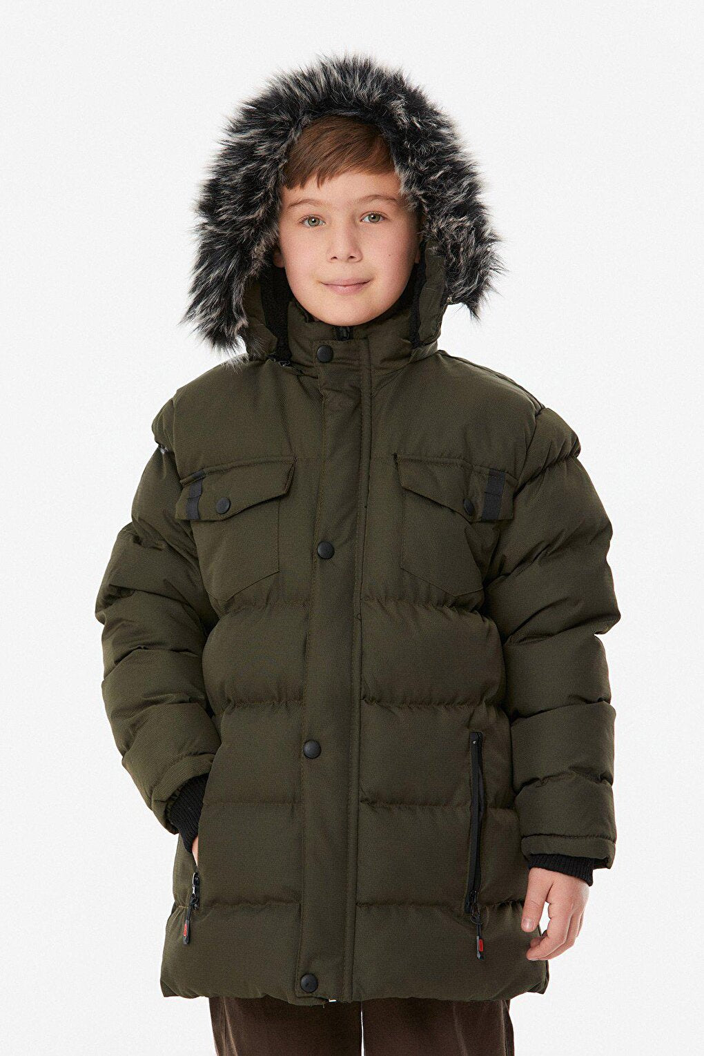 Hooded Boy's Coat with Zipper Pocket