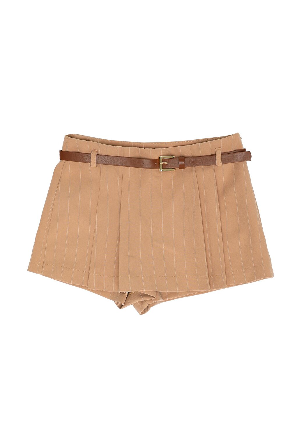 Belt Detailed Striped Shorts Skirt Beige