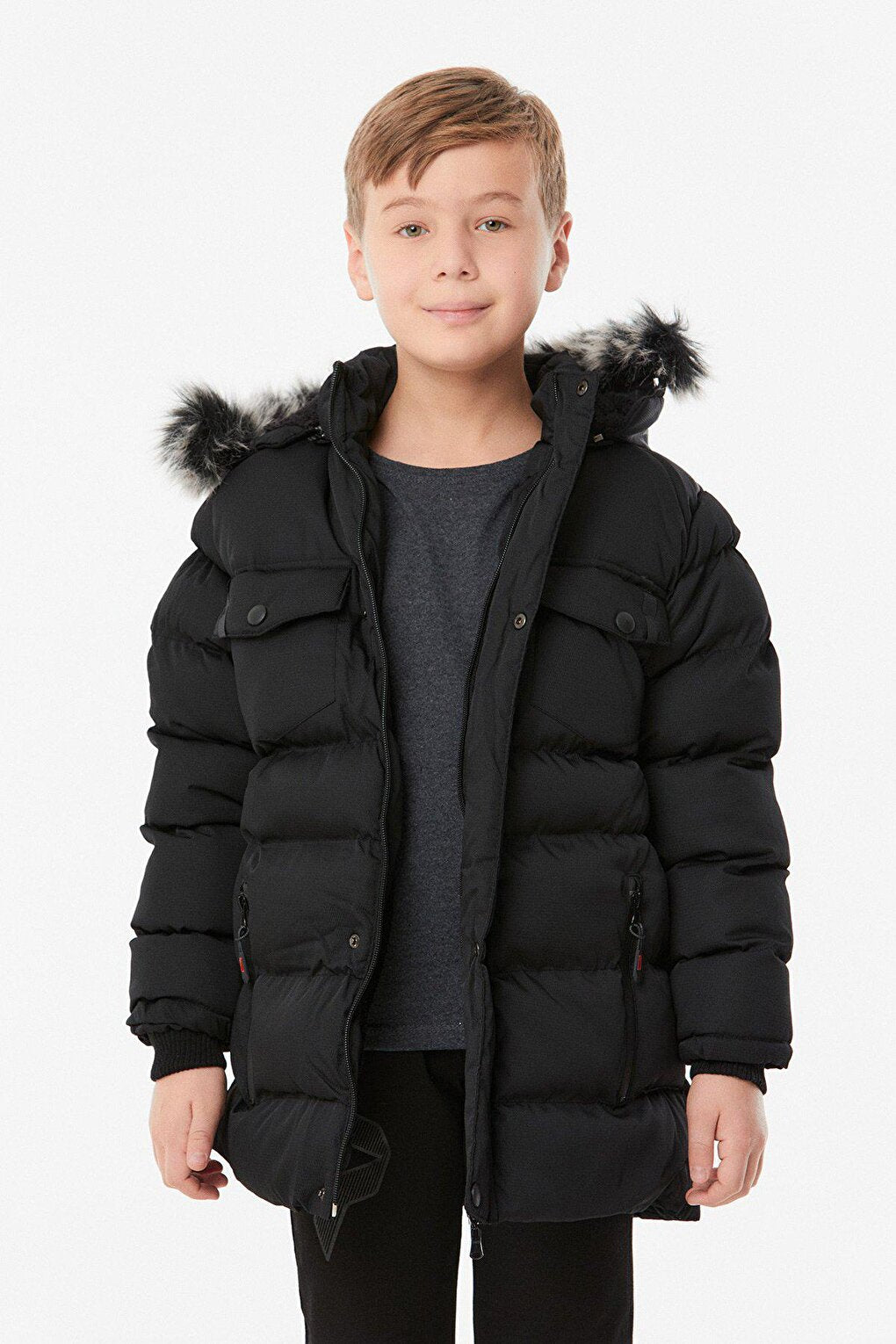 Hooded Boy's Coat with Zipper Pocket