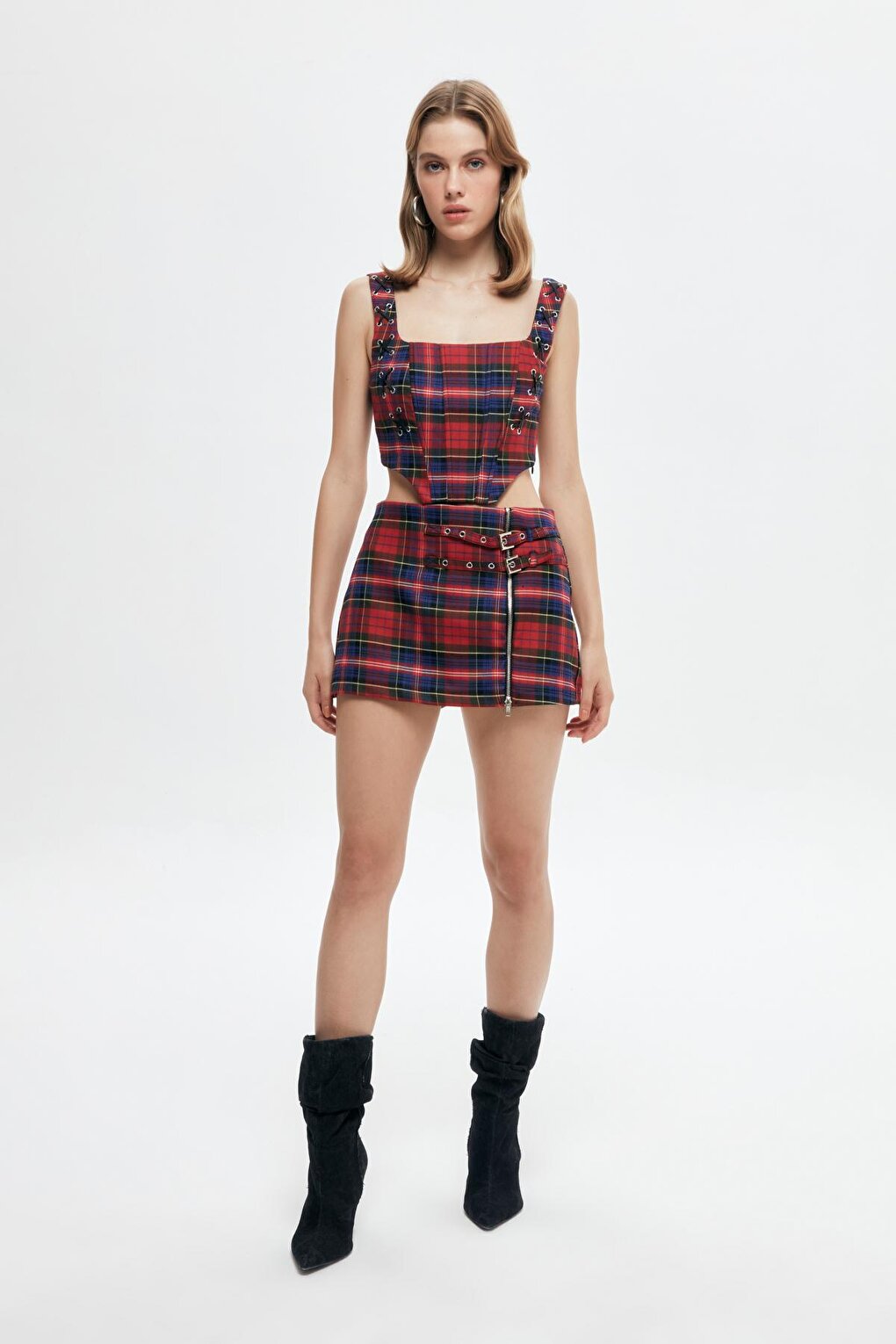 Zipper Detailed Plaid Mini Short Skirt Red