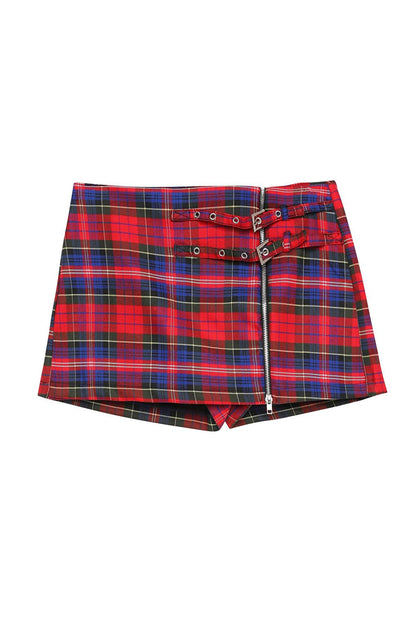 Zipper Detailed Plaid Mini Short Skirt Red