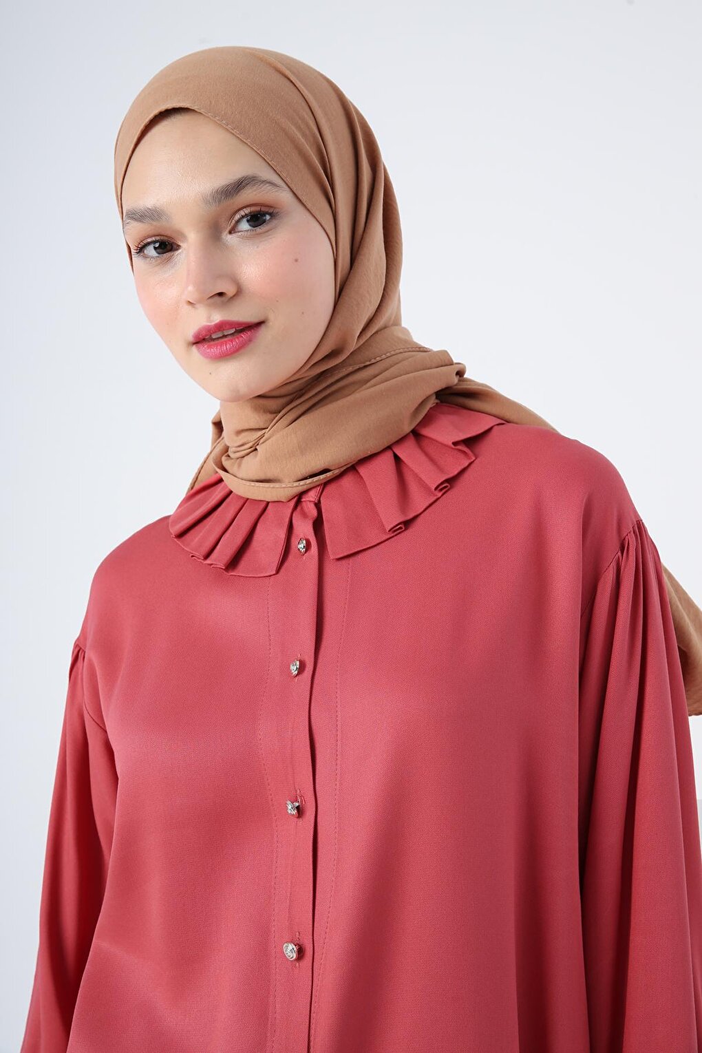 Dusty Rose Collar Pleated Viscose Shirt Tunic