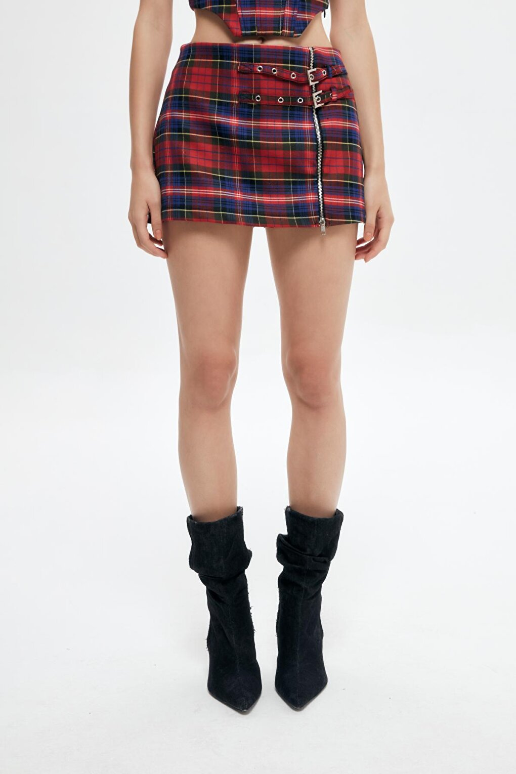 Zipper Detailed Plaid Mini Short Skirt Red