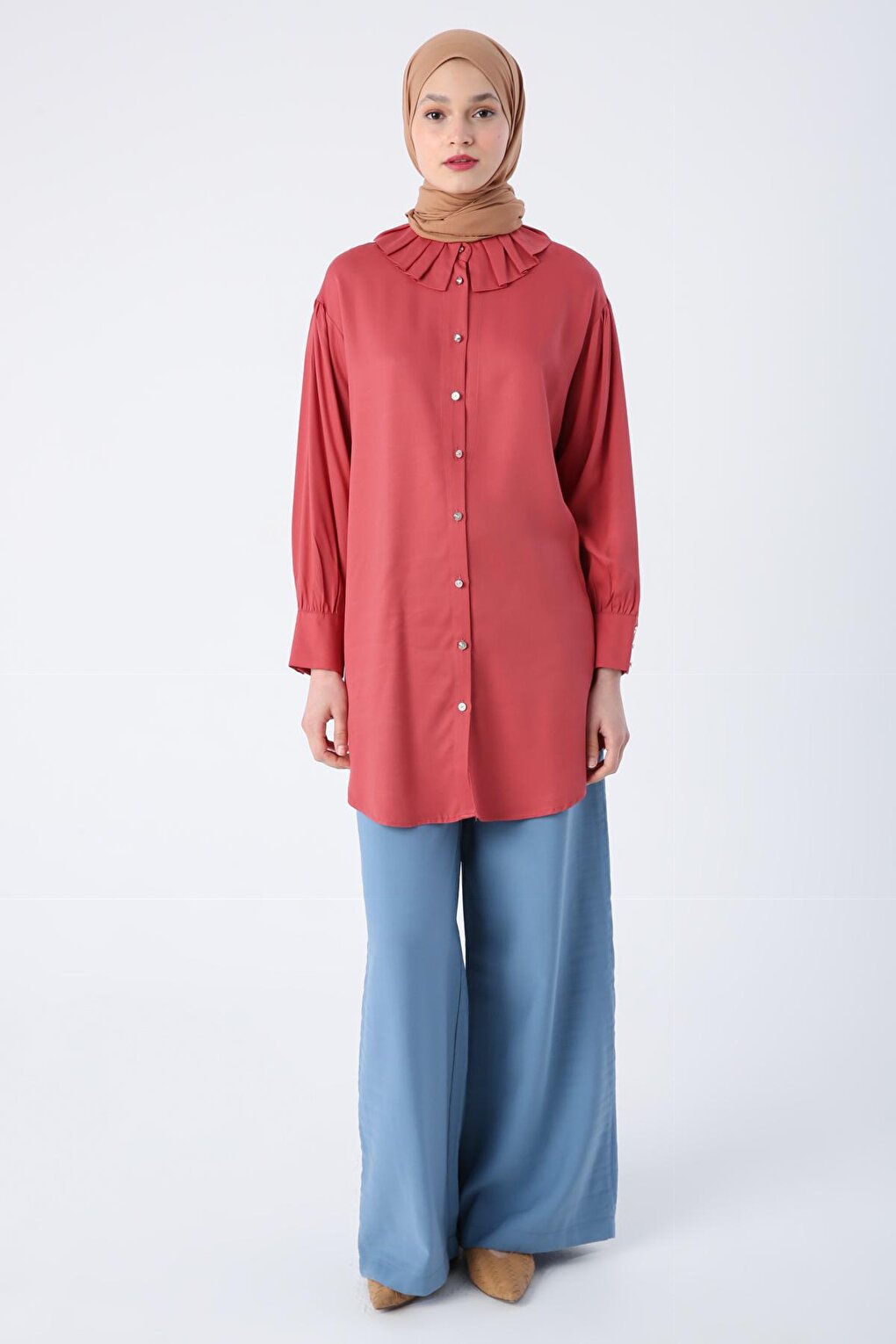 Dusty Rose Collar Pleated Viscose Shirt Tunic