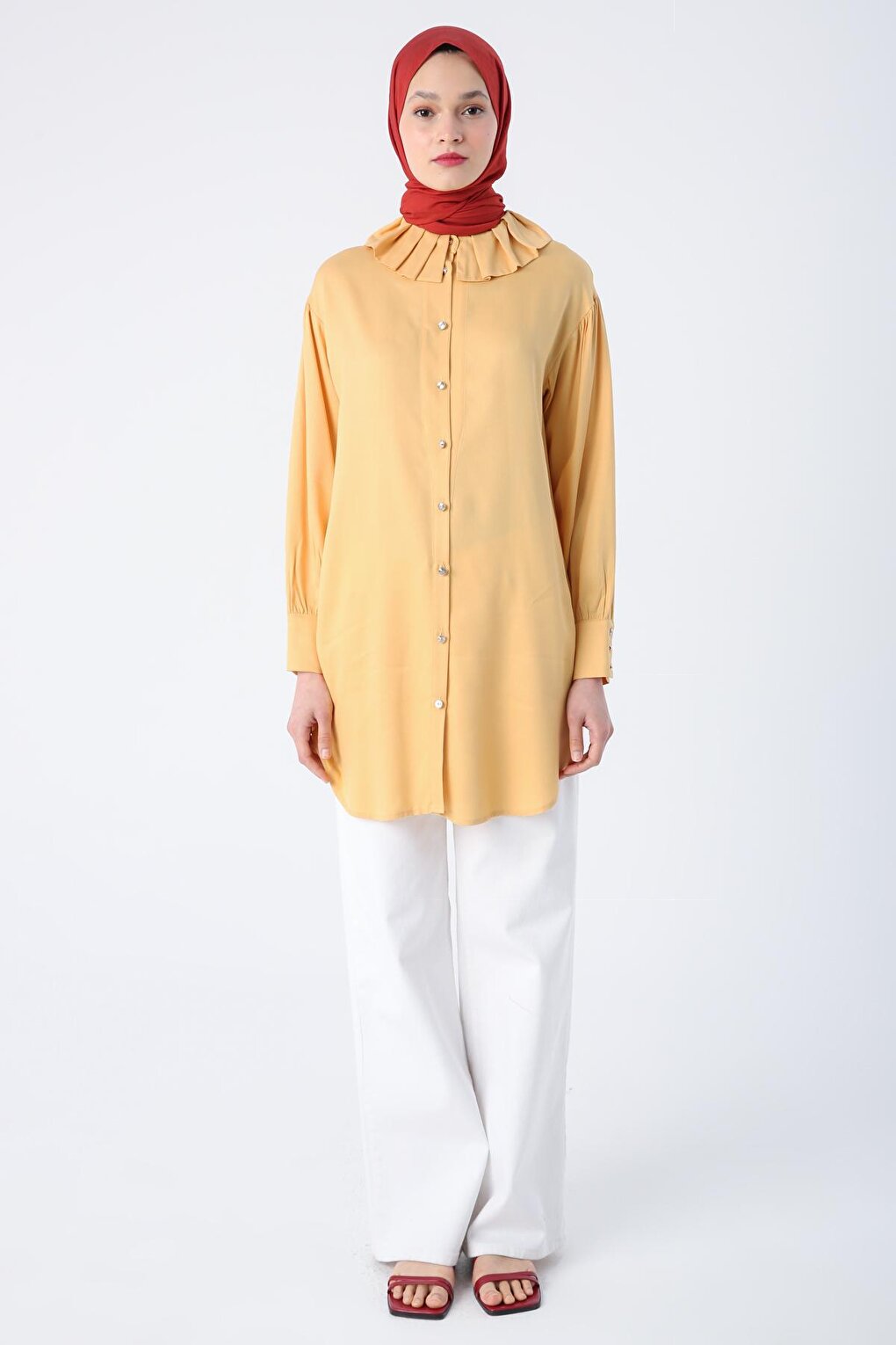 Yellow Collar Pleated Viscose Shirt Tunic