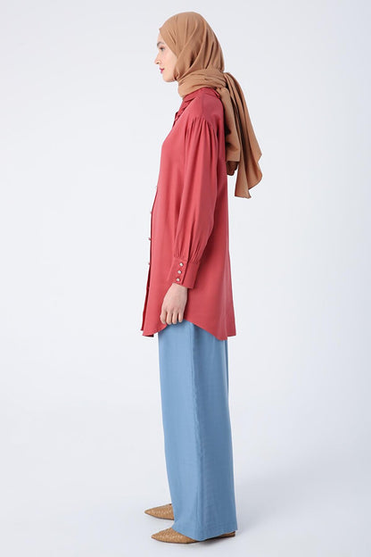 Dusty Rose Collar Pleated Viscose Shirt Tunic