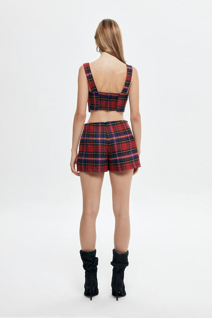 Zipper Detailed Plaid Mini Short Skirt Red