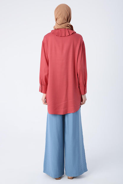 Dusty Rose Collar Pleated Viscose Shirt Tunic