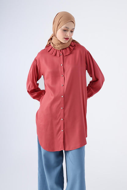 Dusty Rose Collar Pleated Viscose Shirt Tunic