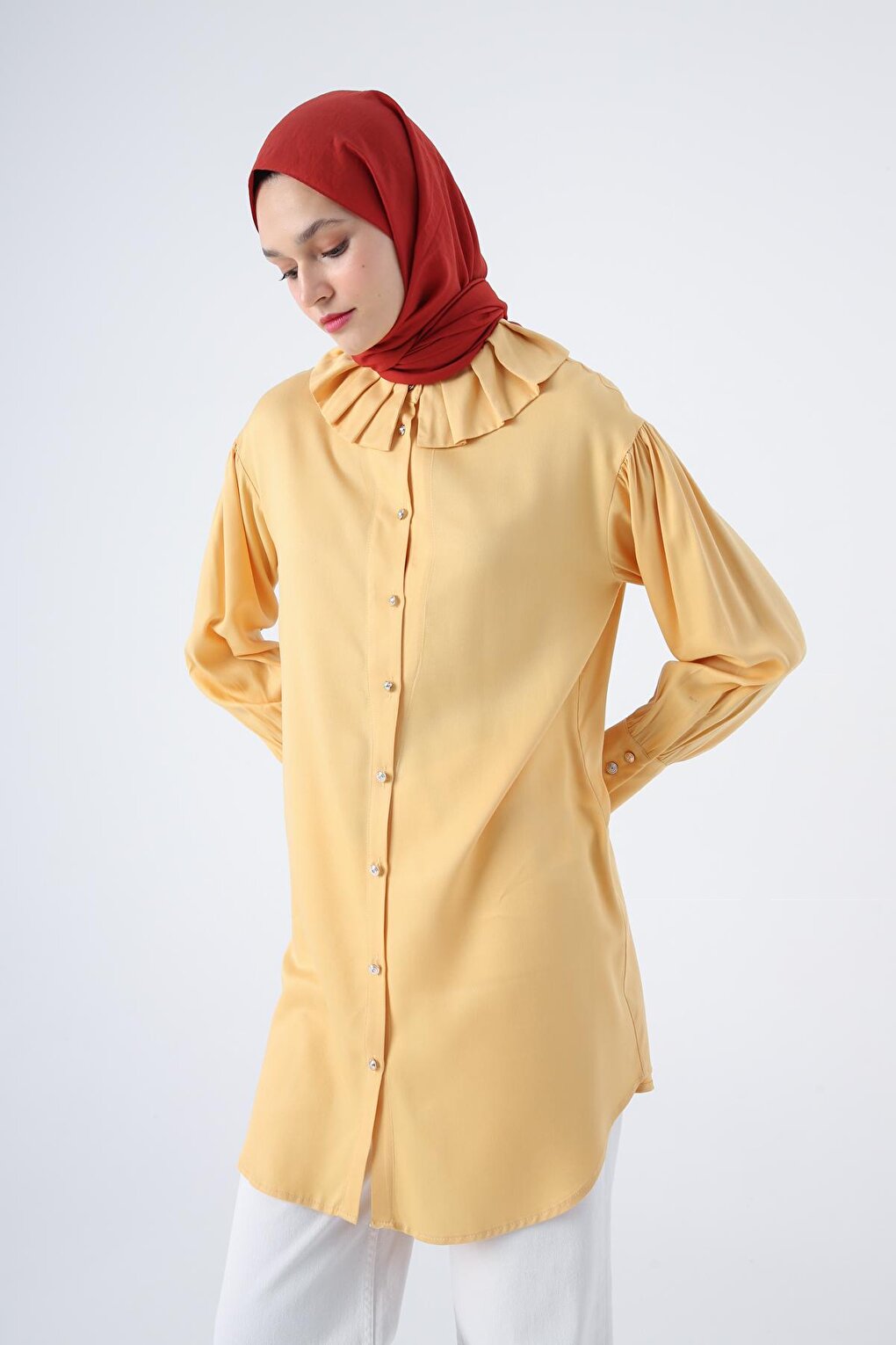 Yellow Collar Pleated Viscose Shirt Tunic