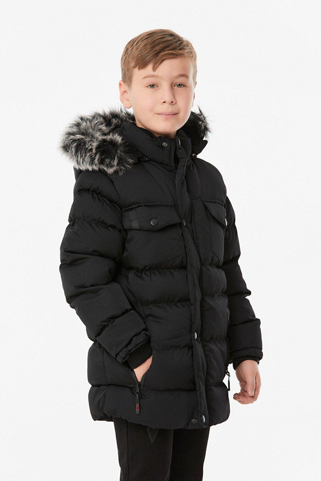 Hooded Boy's Coat with Zipper Pocket