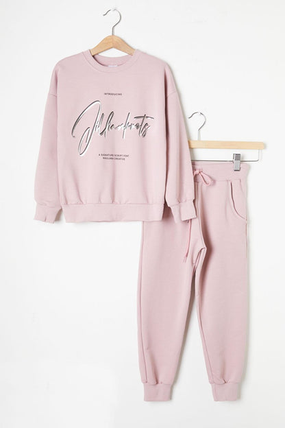 Pink Hologram Text Printed Girl's Tracksuit 16344