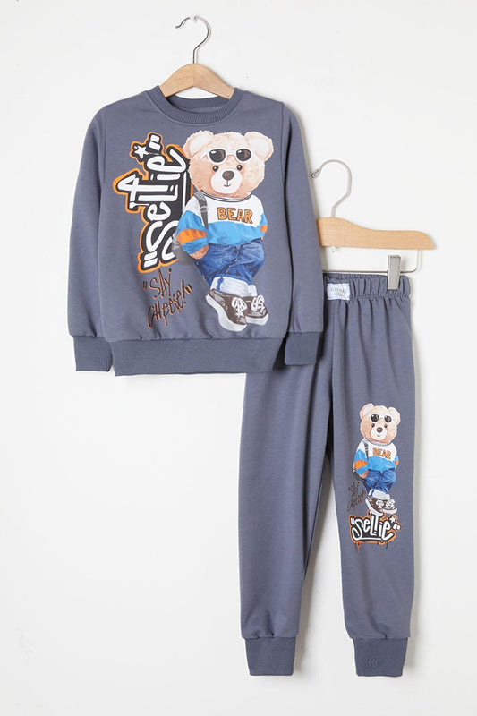 Smoked Cool Teddy Bear Printed Boy's Tracksuit Set 16348