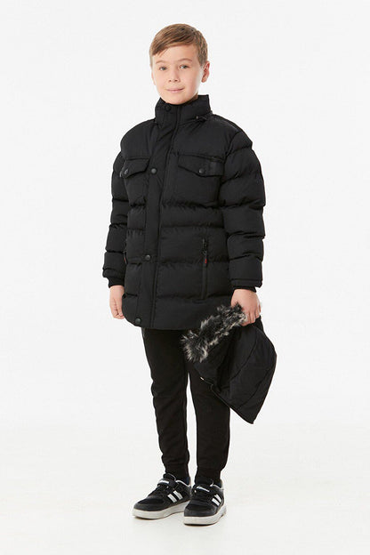 Hooded Boy's Coat with Zipper Pocket