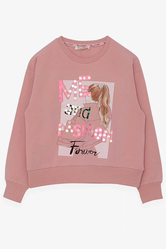 Girl's Sweatshirt Sequined Girl Printed Salmon (Ages 8-14)