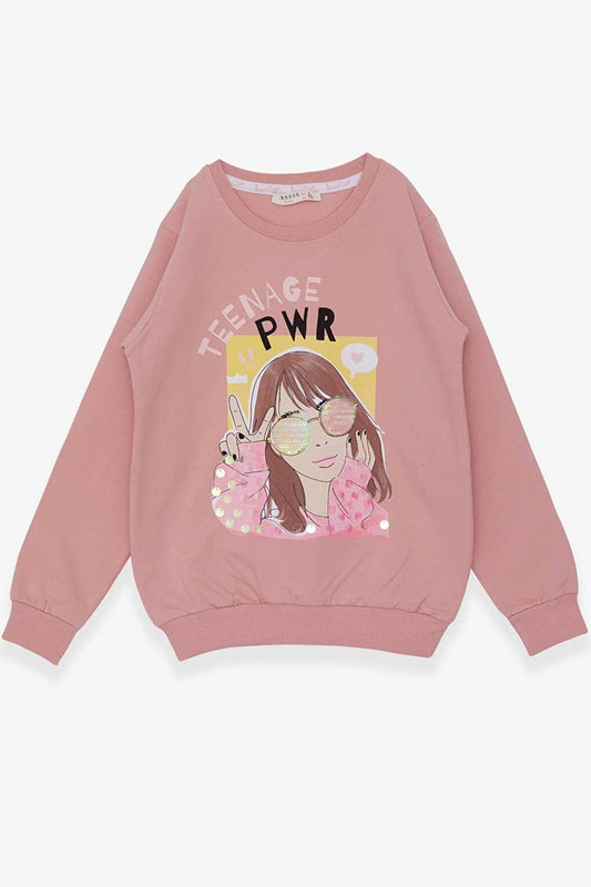 Girl's Sweatshirt with Glasses Sequin Girl Printed Dusty Rose (Age 6-8)