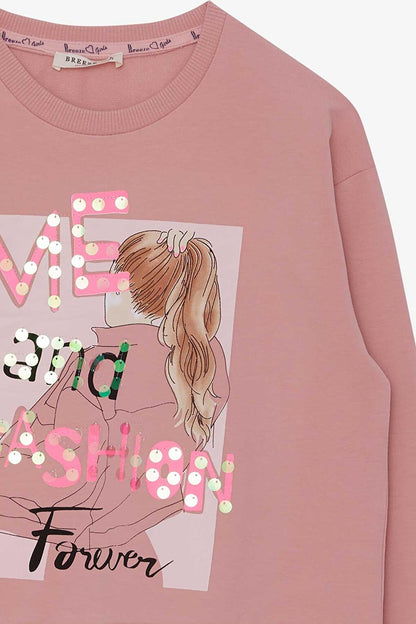 Girl's Sweatshirt Sequined Girl Printed Salmon (Ages 8-14)