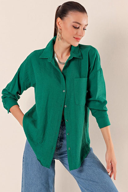 Emerald Green Oversize Shirt with Drop Shoulder Pockets