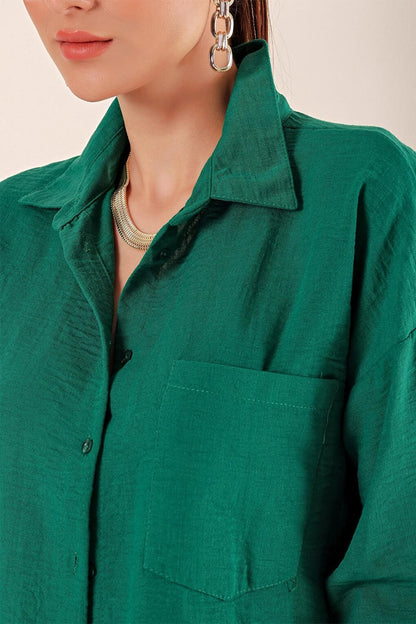 Emerald Green Oversize Shirt with Drop Shoulder Pockets