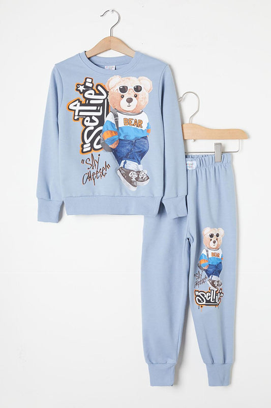 Blue Cool Teddy Bear Printed Boy's Tracksuit 16350