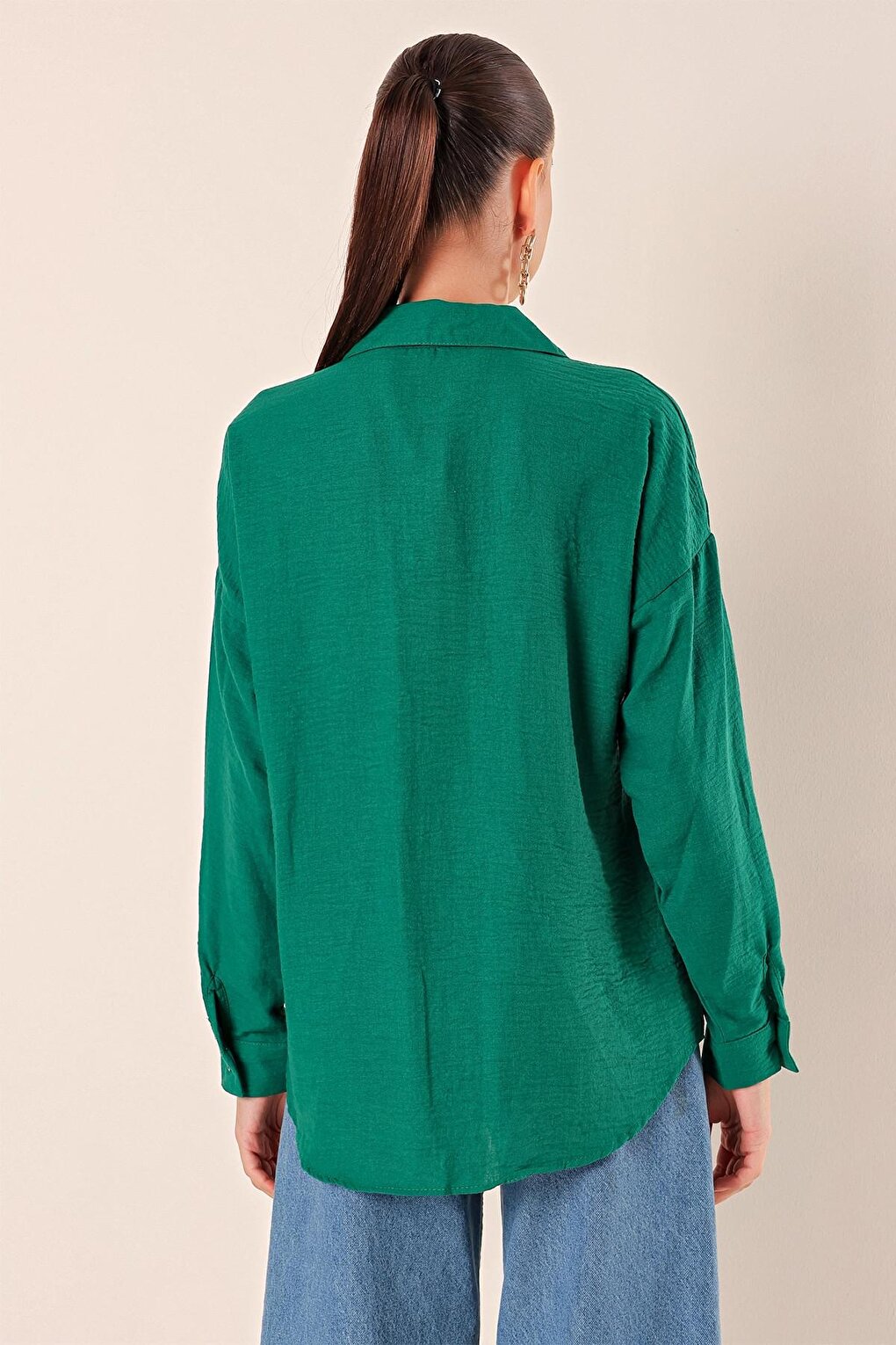 Emerald Green Oversize Shirt with Drop Shoulder Pockets