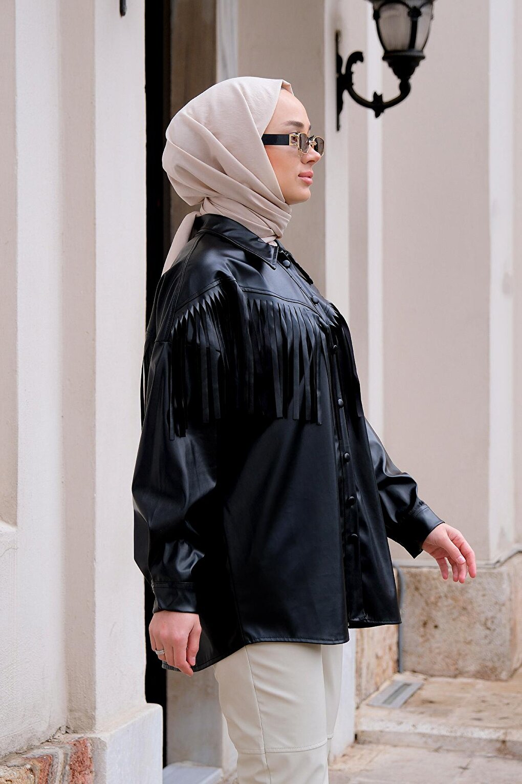 Tassel Detailed Leather Look Shirt Black