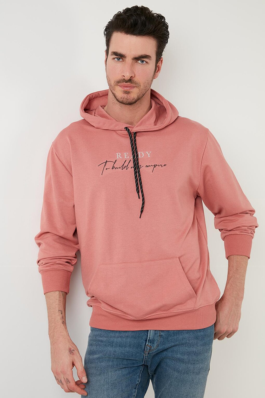 Slim Fit Printed Hooded Kangaroo Pocket Cotton Sweat 5414020