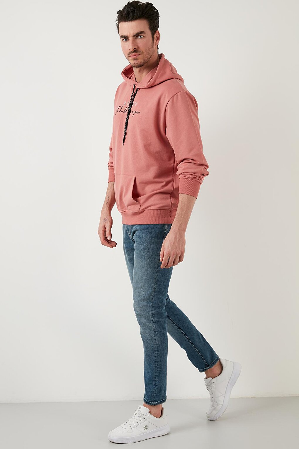 Slim Fit Printed Hooded Kangaroo Pocket Cotton Sweat 5414020