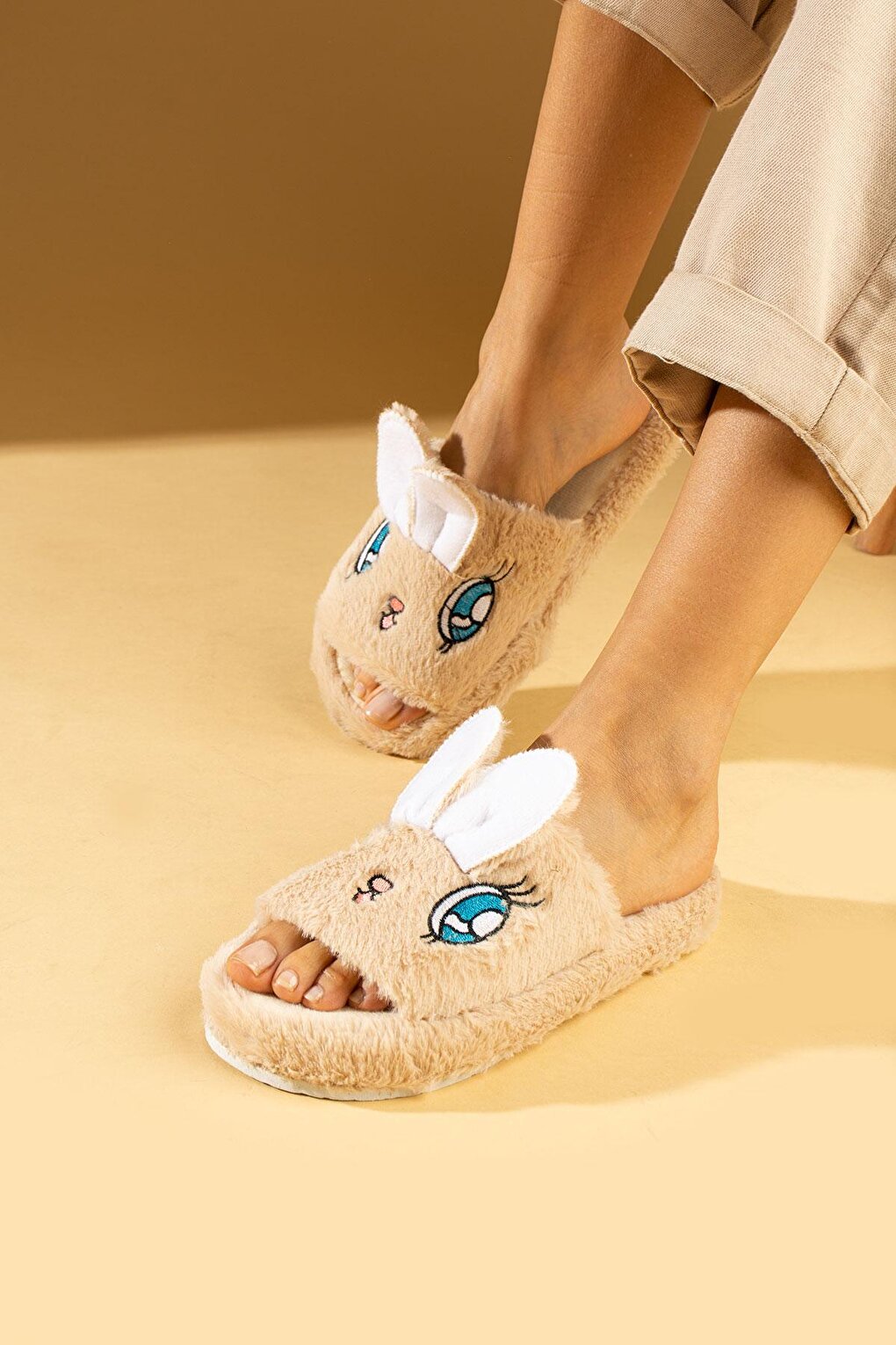 Cute Rabbit Front Open Fur Inside Thermal Sole Women's Home Slippers P01-19-23Open