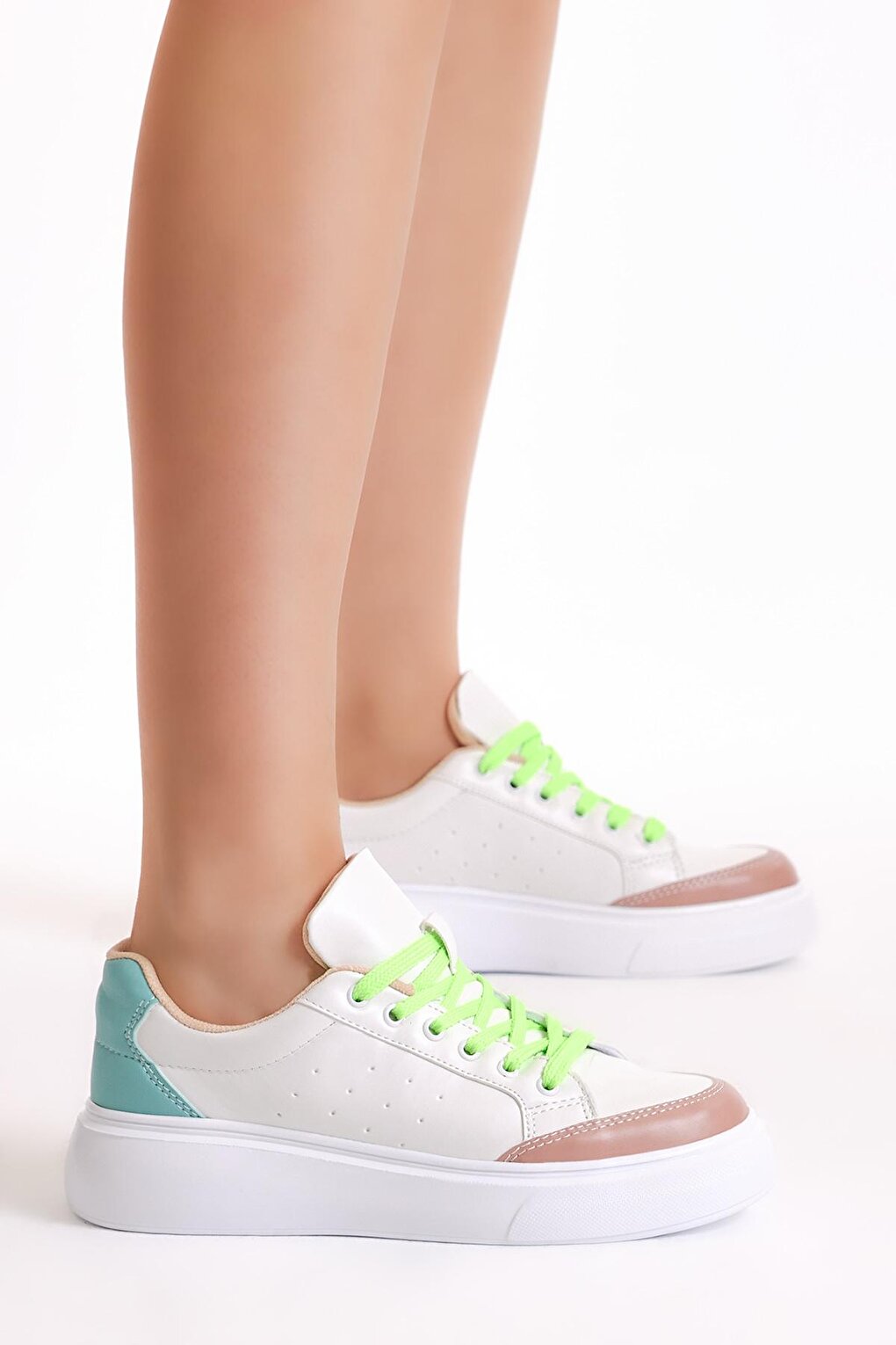 Women's White Green Poly Sole Lace-up Sneakers